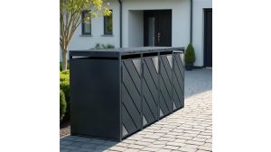 Mülltonnenbox mit Edelstahl-Akzenten, 4er Box für 240-Liter-Mülltonnen – Höhe 116,3 cm × Breite 276 cm × Tiefe 80 cm – Anthrazit (RAL 7016)