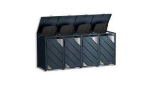 Mülltonnenbox mit Edelstahl-Akzenten, 4er Box für 240-Liter-Mülltonnen – Höhe 116,3 cm × Breite 276 cm × Tiefe 80 cm – Anthrazit (RAL 7016)
