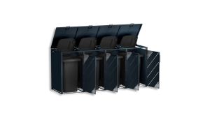 Mülltonnenbox mit Edelstahl-Akzenten, 4er Box für 240-Liter-Mülltonnen – Höhe 116,3 cm × Breite 276 cm × Tiefe 80 cm – Anthrazit (RAL 7016)