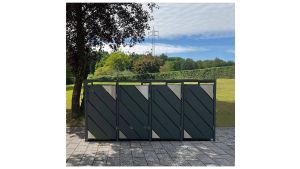 Mülltonnenbox mit Edelstahl-Akzenten, 4er Box für 240-Liter-Mülltonnen – Höhe 116,3 cm × Breite 276 cm × Tiefe 80 cm – Anthrazit (RAL 7016)