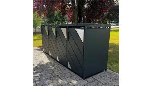 Mülltonnenbox mit Edelstahl-Akzenten, 4er Box für 240-Liter-Mülltonnen – Höhe 116,3 cm × Breite 276 cm × Tiefe 80 cm – Anthrazit (RAL 7016)