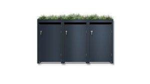 Mülltonnenbox mit Pflanzdach, 3er Box für 240-Liter-Mülltonnen – Höhe 124,2 cm × Breite 198,5 cm × Tiefe 80 cm – Anthrazit (RAL 7016)