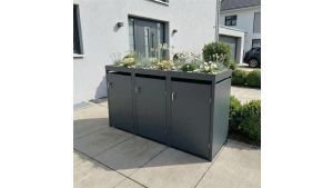 Mülltonnenbox mit Pflanzdach, 3er Box für 240-Liter-Mülltonnen – Höhe 124,2 cm × Breite 198,5 cm × Tiefe 80 cm – Anthrazit (RAL 7016)