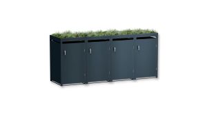 Mülltonnenbox mit Pflanzdach, 4er Box für 240-Liter-Mülltonnen – Höhe 124,2 cm × Breite 276 cm × Tiefe 80 cm – Anthrazit (RAL 7016)
