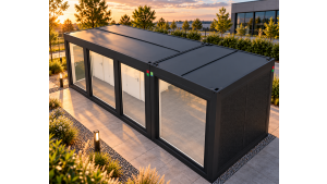 Moderne Raumcontainer Anlage -  PLUSLine, L8505 x B2989 mit 2 x WC und Abstellraum in RAL 7016 Anthrazit, Lieferung inkl. Montage 