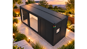 Moderner Raumcontainer -  PLUSLine, 24 Fuß mit Badezimmer in RAL 7016 Anthrazit, inkl. bodentiefe Fenster und Elektropaket