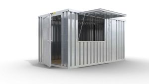 Verkaufscontainer - Barcontainer mit Verkaufsklappe außermittig und Ablage, H2216 x  B4020 x T2350 mm, verzinkt, zerlegt