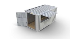 Verkaufscontainer - Barcontainer mit Verkaufsklappe außermittig und Ablage, H2216 x  B4020 x T2350 mm, verzinkt, zerlegt