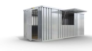 Verkaufscontainer - Barcontainer mit Verkaufsklappe mittig und außermittig und Ablage, H2216 x B5055 x T2350 mm, verzinkt, zerlegt