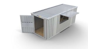 Verkaufscontainer - Barcontainer mit Verkaufsklappe mittig und außermittig und Ablage, H2216 x B5055 x T2350 mm, verzinkt, zerlegt