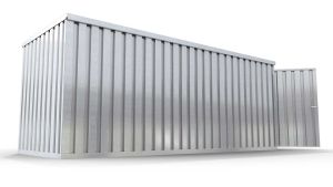 Verkaufscontainer - Barcontainer mit Verkaufsklappe mittig und außermittig und Ablage, H2216 x B5055 x T2350 mm, verzinkt, zerlegt