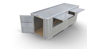 Verkaufscontainer - Barcontainer mit Verkaufsklappe mittig und außermittig und Ablage, H2216 x B6090 x T2350 mm, verzinkt, zerlegt