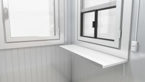 Verkaufshäuschen isoliert, H2555 x B1670 x L1610, mit 1 x Schiebefenster, 1 x DK-Fenster und Elektropaket, signalgelb