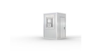 Verkaufshäuschen isoliert, H2555 x B1670 x L1610, mit 1 x Schiebefenster, 2 x DK-Fenster und Elektropaket, grau-weiß