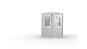 Verkaufshäuschen isoliert, H2555 x B1670 x L1610, mit 1 x Schiebefenster, 2 x DK-Fenster und Elektropaket, grau-weiß