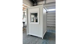 Verkaufshäuschen isoliert, H2555 x B1670 x L1610, mit 1 x Schiebefenster, 1 x DK-Fenster und Elektropaket, grau-weiß