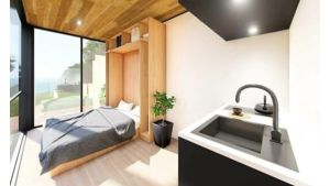 Wohncontainer CUBE mit Holz Aussenfasade 3-Schichtplatte Lärche Hell, Grundflächen 18,36 m² - 22,56 m², inkl. Elektropaket