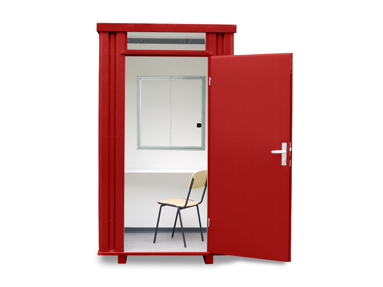Kassenhäuschen, H2425 x B1400 x T1250 mm, 1 Fenster (Pos. B), inkl. Schreibtischablage und Stahlrohrstuhl, Aussenwandlackierung RAL 3000 feuerrot