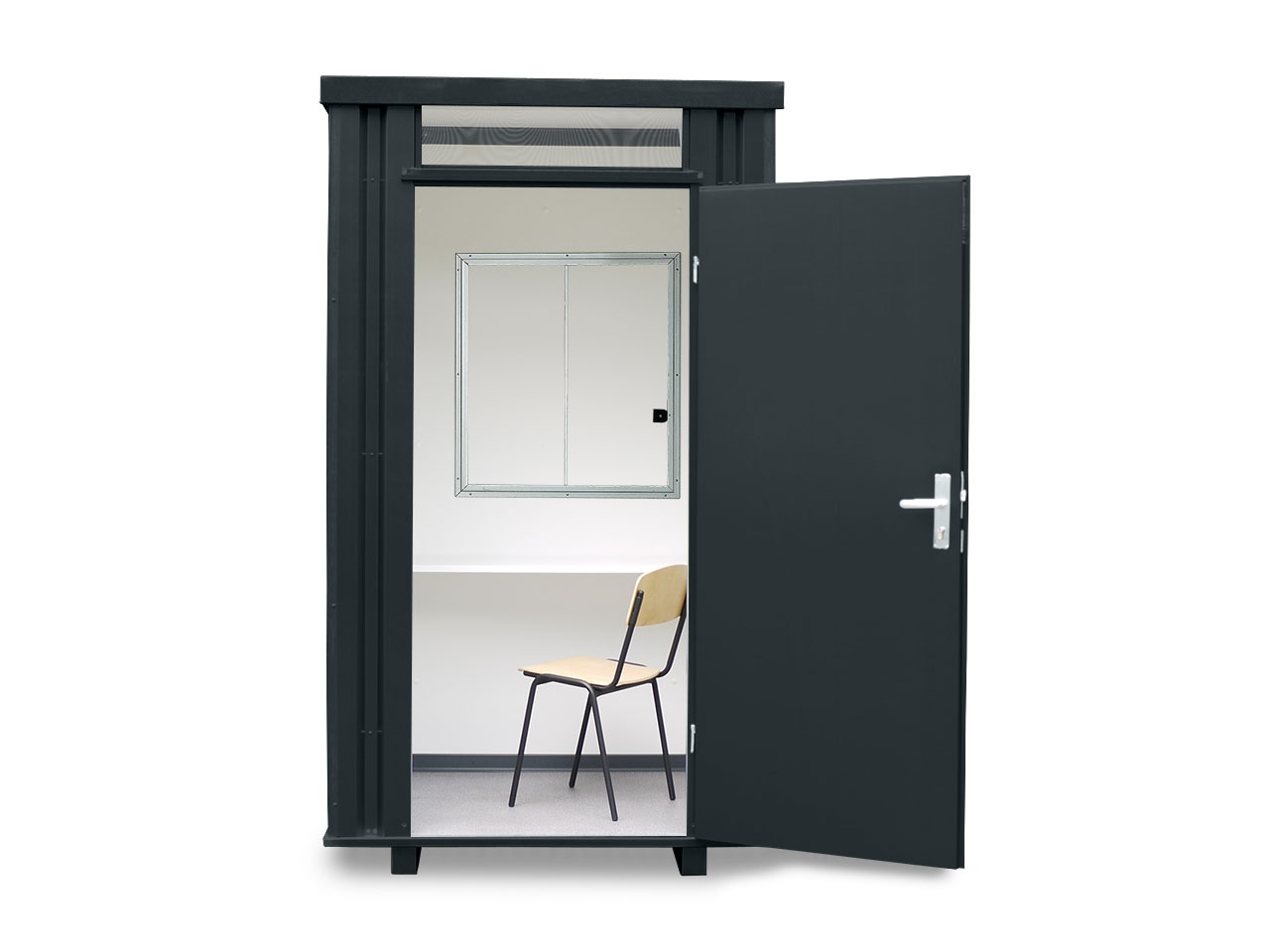 Kassenhäuschen, H2425 x B1400 x T1250 mm, 1 Fenster (Pos. B), inkl. Schreibtischablage und Stahlrohrstuhl, Aussenwandlackierung anthrazit