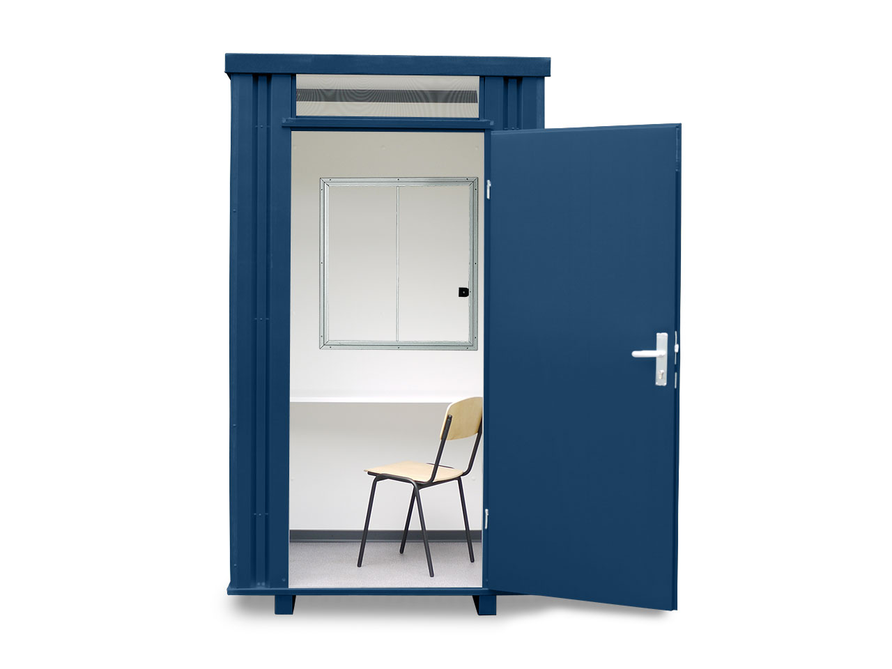 Kassenhäuschen, H2425 x B1400 x T1250 mm, 2 Fenster (Pos. AB), inkl. Schreibtischablage und Stahlrohrstuhl, Aussenwandlackierung RAL 5010 enzianblau