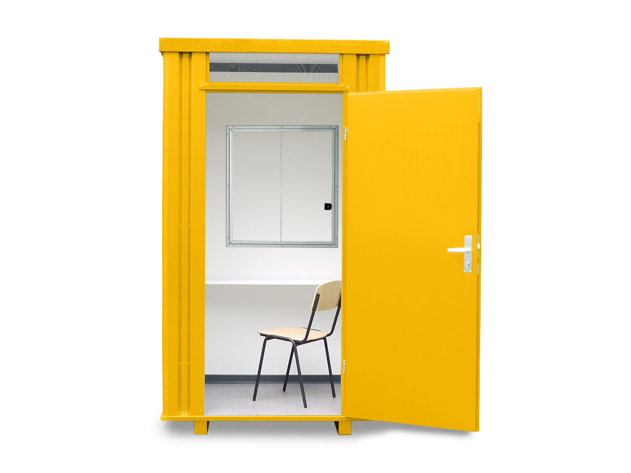 Kassenhäuschen, H2425 x B1400 x T1250 mm, 1 Fenster (Pos. B), inkl. Schreibtischablage und Stahlrohrstuhl, Aussenwandlackierung RAL 1003 signalgelb