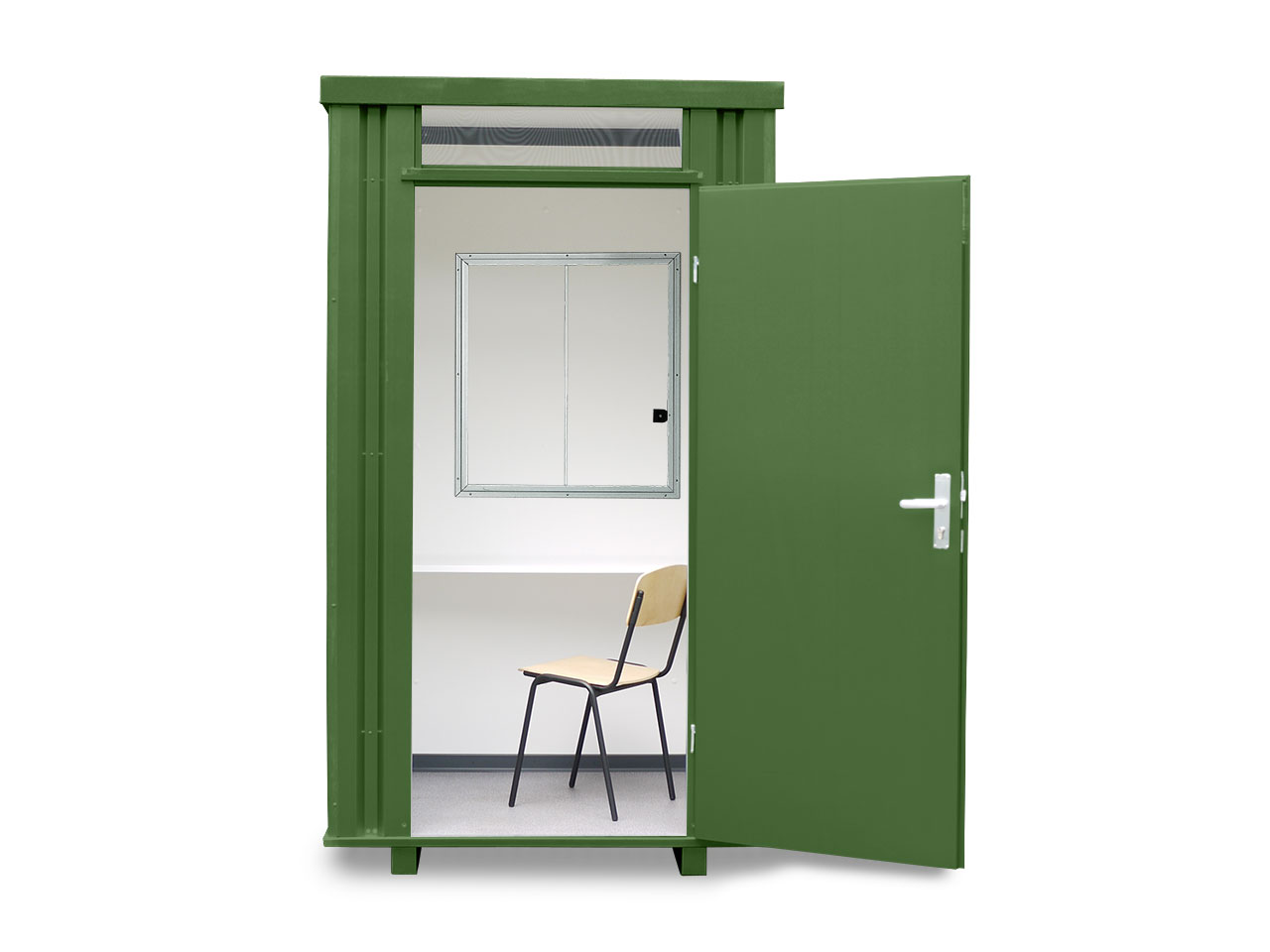 Kassenhäuschen, H2425 x B1400 x T1250 mm, 1 Fenster (Pos. B), inkl. Schreibtischablage und Stahlrohrstuhl, Aussenwandlackierung RAL 6010 grasgrün