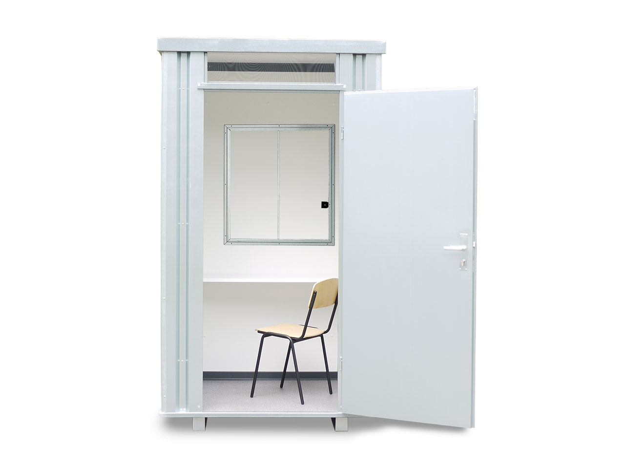 Kassenhäuschen, H2425 x B1400 x T1250 mm, 2 Fenster (Pos. AB), inkl. Schreibtischablage und Stahlrohrstuhl, Aussenwandlackierung verzinkt